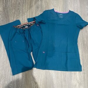 HeartSoul Teal Scrub Pants with Pink and Black Waistband